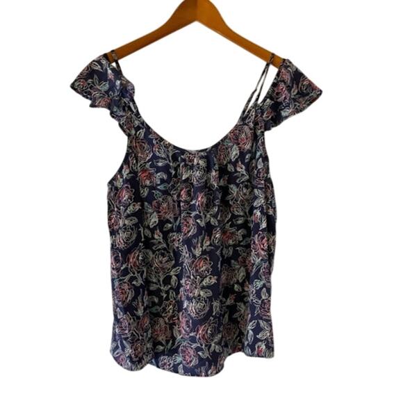 Joie Silk Blouse Large Blue Floral Off the Shoulder Ruffled Cottage Core Boho - Picture 7 of 7